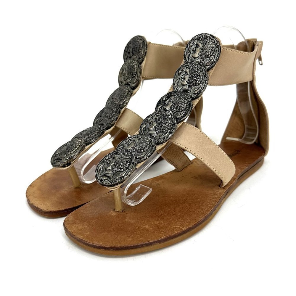 Jeffrey Campbell Zeus Leather Coin Medallion Gladiator Sandals Nude/Pewter‎ 6